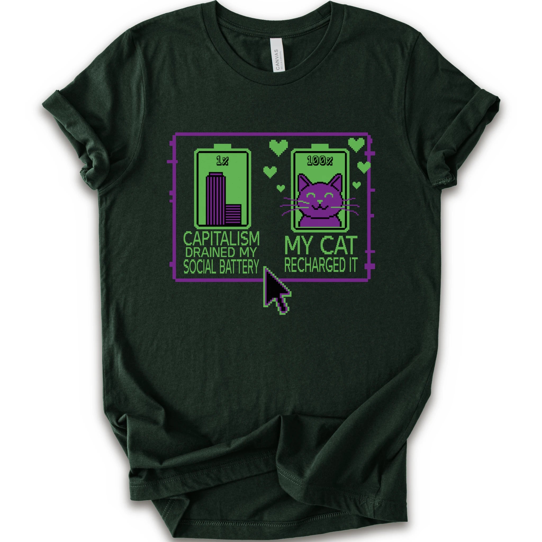 A forest short-sleeve crewneck T-shirt with pixel batteries, cat graphic, and “Capitalism drained my social battery. My cat recharged it.”