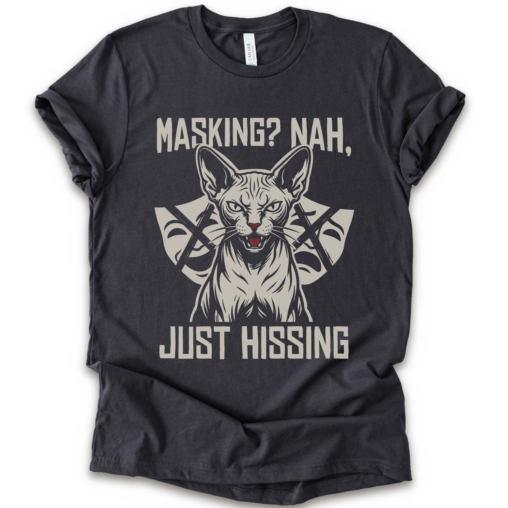 A dark grey short-sleeve graphic t-shirt featuring a stylized illustration of a sphynx cat with crossed arrows behind it and the text 'MASKING? NAH, JUST HISSING' in a distressed off-white font.