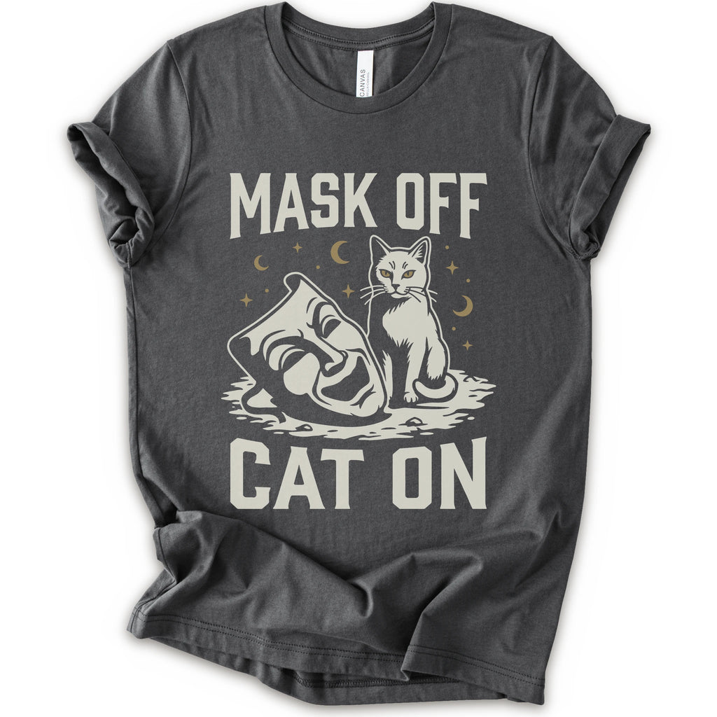 A asphalt short-sleeve crewneck t-shirt with a white graphic with gold moons and stars of a cat with a mask surrounded by the text 'MASK OFF' and 'CAT ON'.