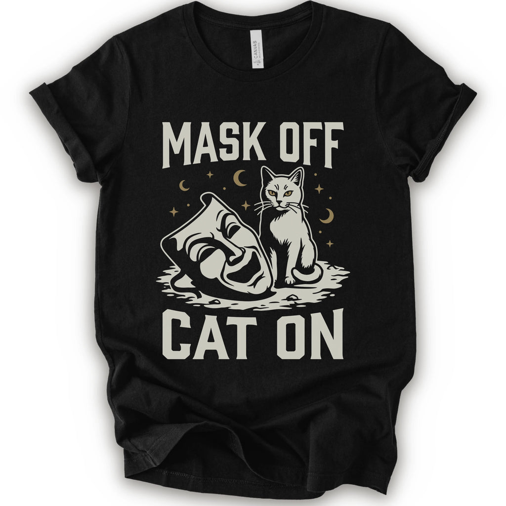 A black short-sleeve crewneck t-shirt with a white graphic with gold moons and stars of a cat with a mask surrounded by the text 'MASK OFF' and 'CAT ON'.