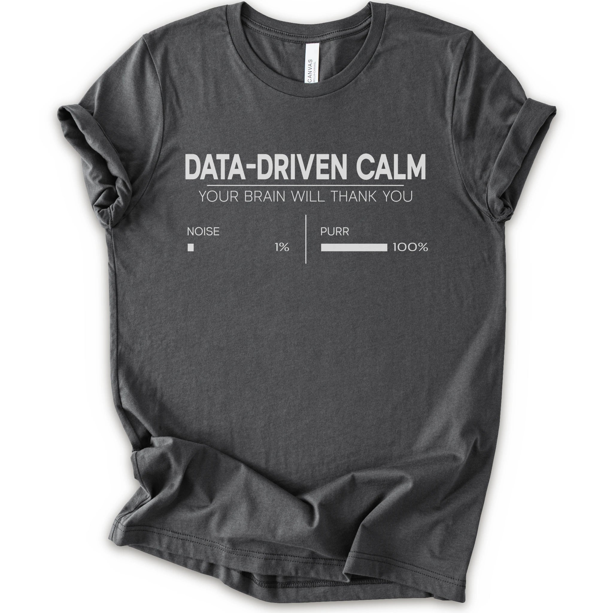 A asphalt short-sleeve crewneck t-shirt with a white graphic print that reads 'DATA-DRIVEN CALM YOUR BRAIN WILL THANK YOU' above a progress bar labeled 'NOISE 1% | PURR 100%'.
