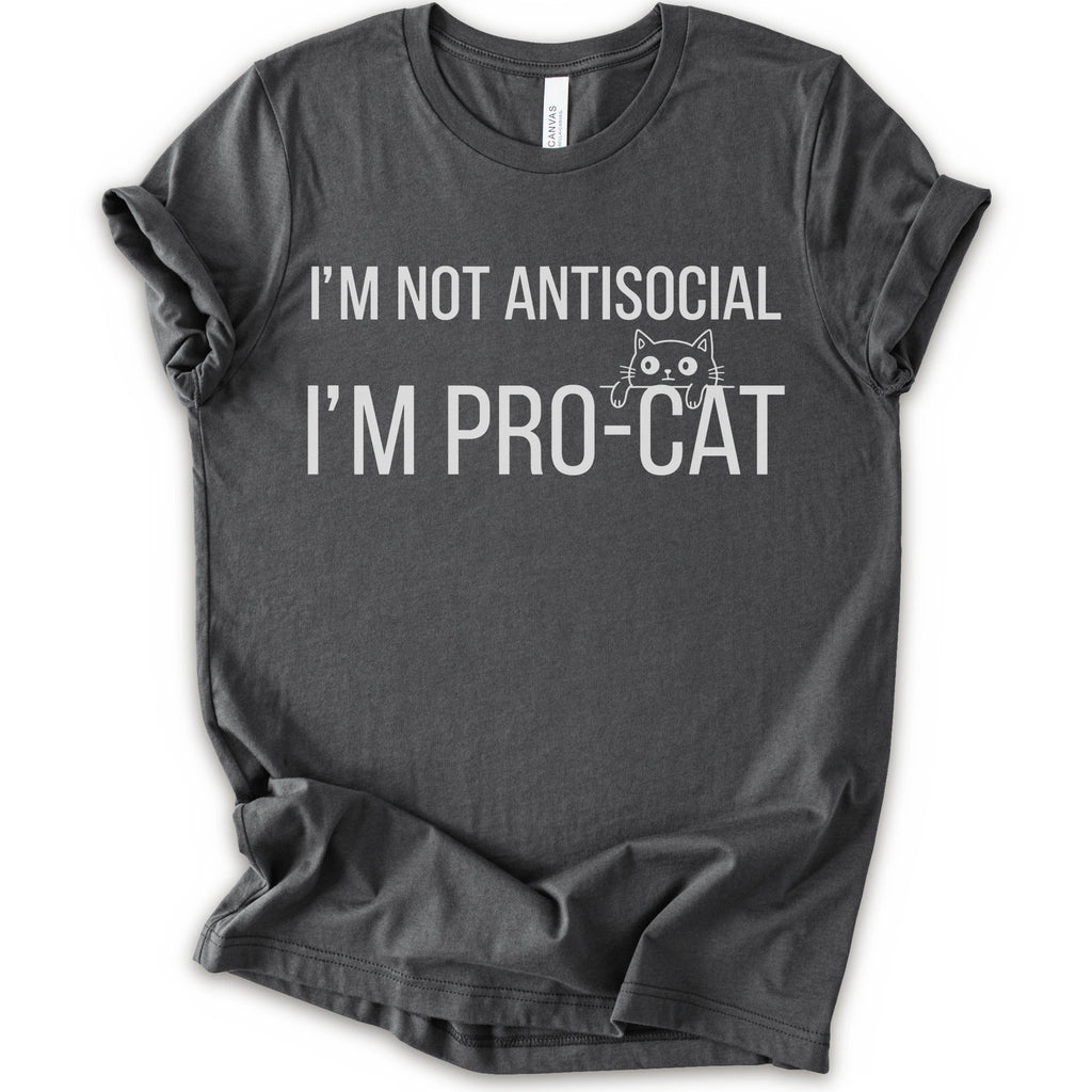 An asphalt short-sleeve crewneck t-shirt with a white graphic print that reads 'I'M NOT ANTISOCIAL I'M PRO-CAT' alongside a small cartoon cat face.