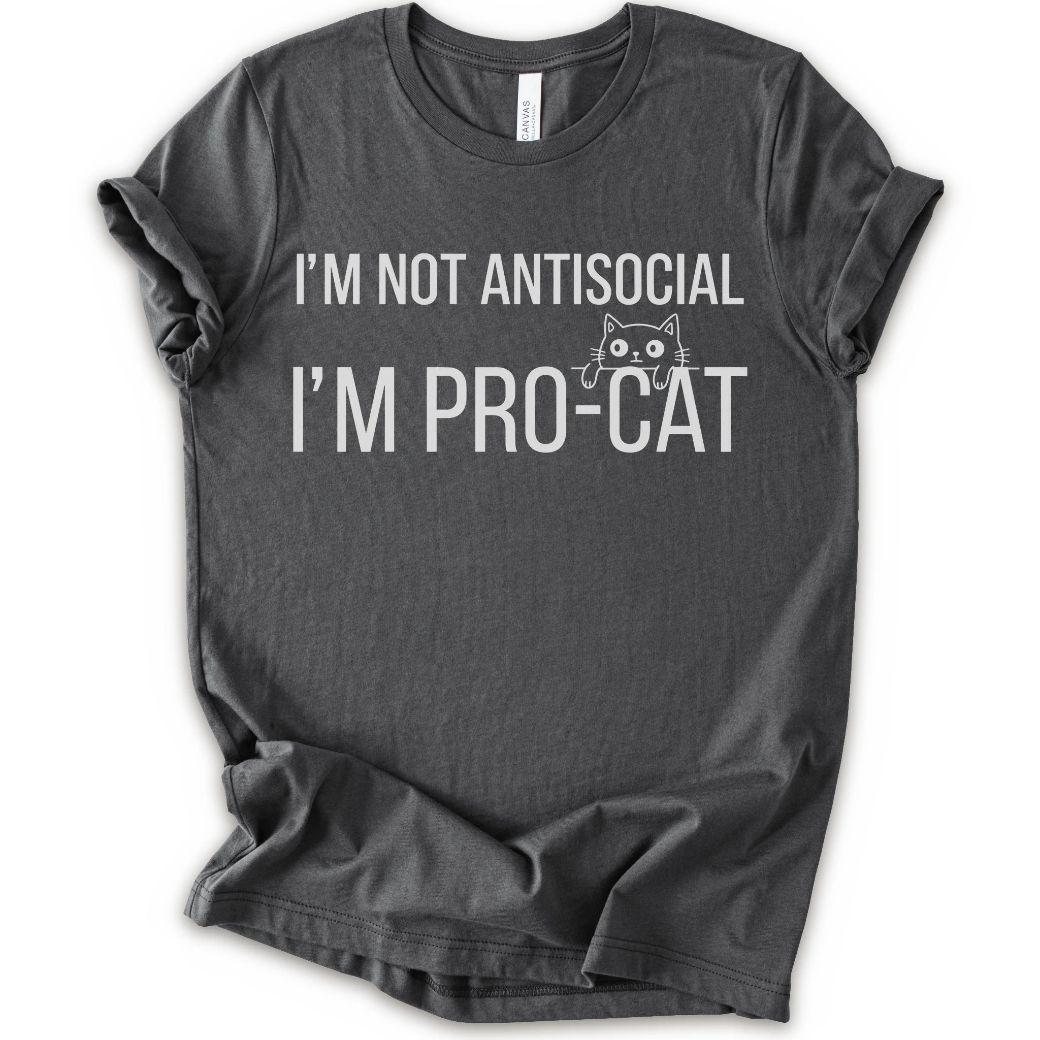 An asphalt short-sleeve crewneck t-shirt with a white graphic print that reads 'I'M NOT ANTISOCIAL I'M PRO-CAT' alongside a small cartoon cat face.