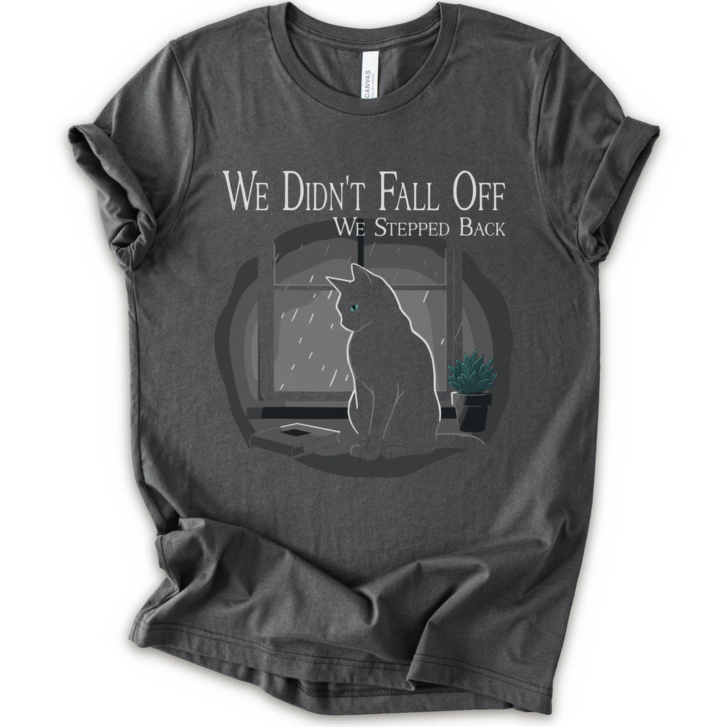 A asphalt short-sleeve crewneck t-shirt with a graphic print of a black cat sitting in front of a window with the text 'WE DIDN'T FALL OFF WE STEPPED BACK'.