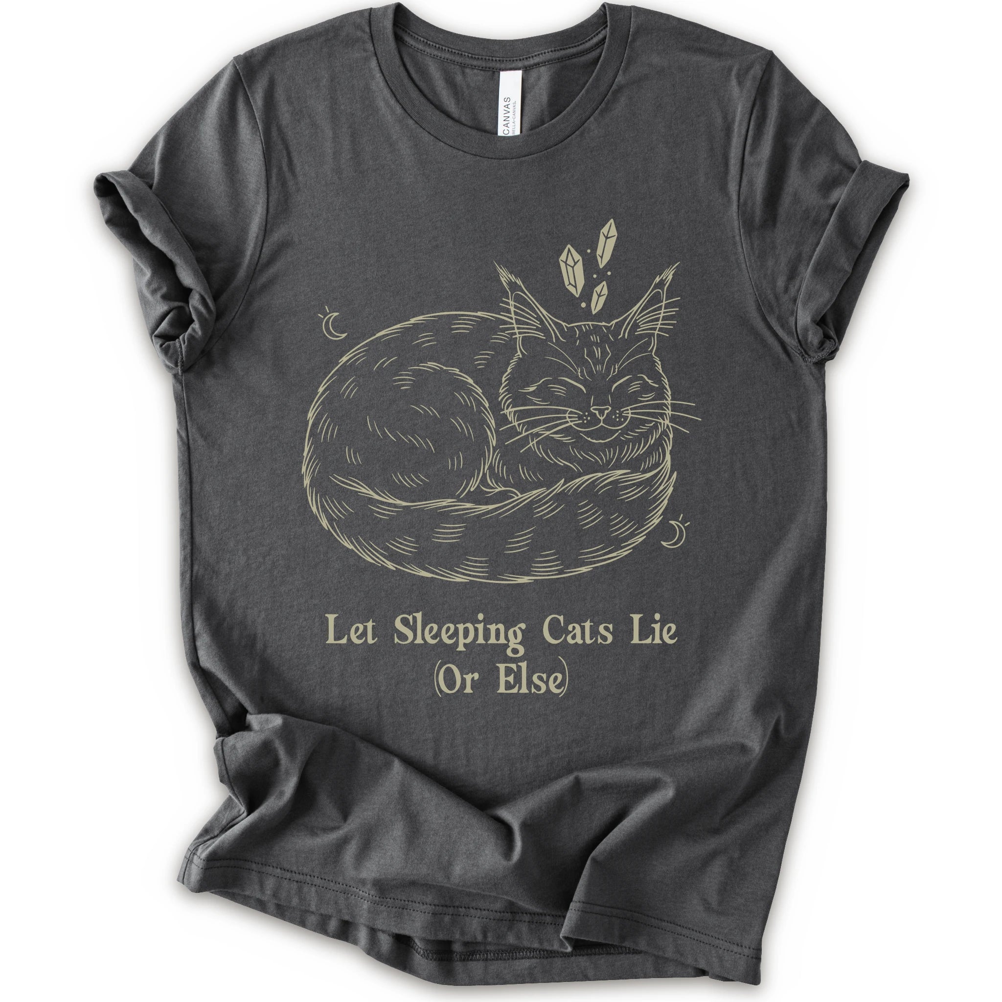A asphalt short-sleeve crewneck t-shirt with a graphic of a sleeping maine coon cat in beige line art, accompanied by the text 'Let Sleeping Cats Lie (Or Else)'.