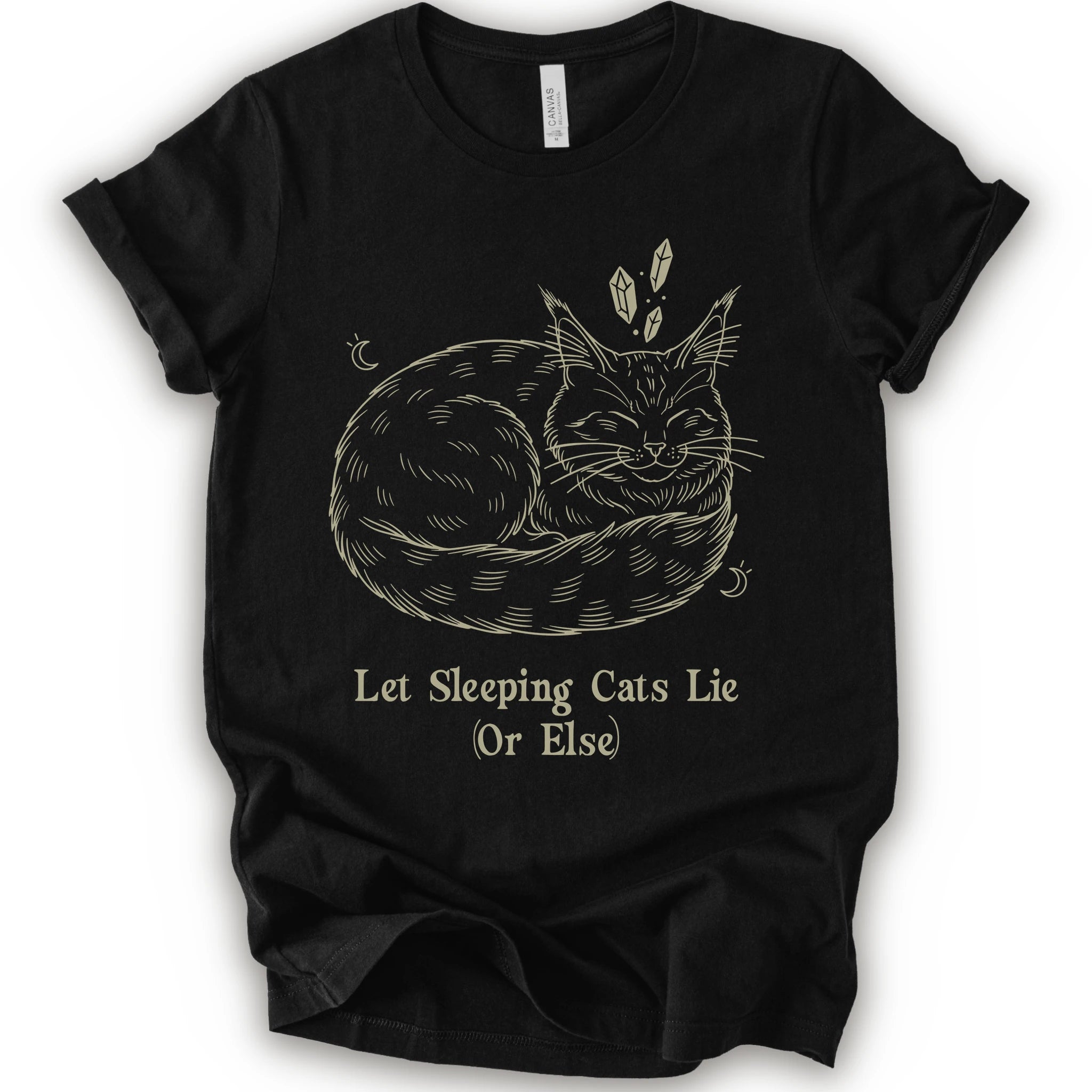 A black short-sleeve crewneck t-shirt with a graphic of a sleeping maine coon cat in beige line art, accompanied by the text 'Let Sleeping Cats Lie (Or Else)'.