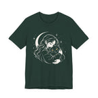 Green T-shirt with Woman embracing a fluffy cat beneath a crescent moon and stars, drawn in cream lines with golden cat eyes
