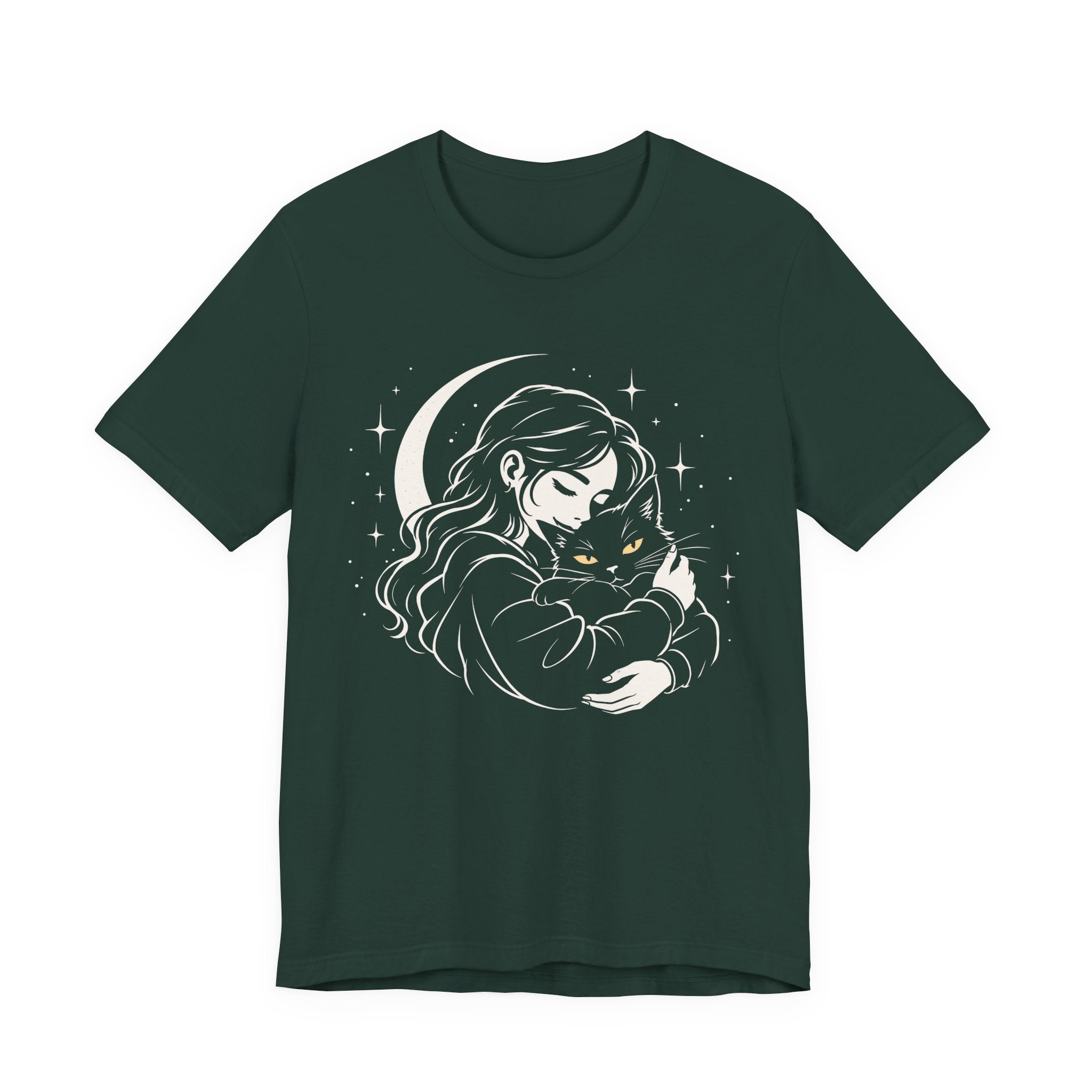 Green T-shirt with Woman embracing a fluffy cat beneath a crescent moon and stars, drawn in cream lines with golden cat eyes