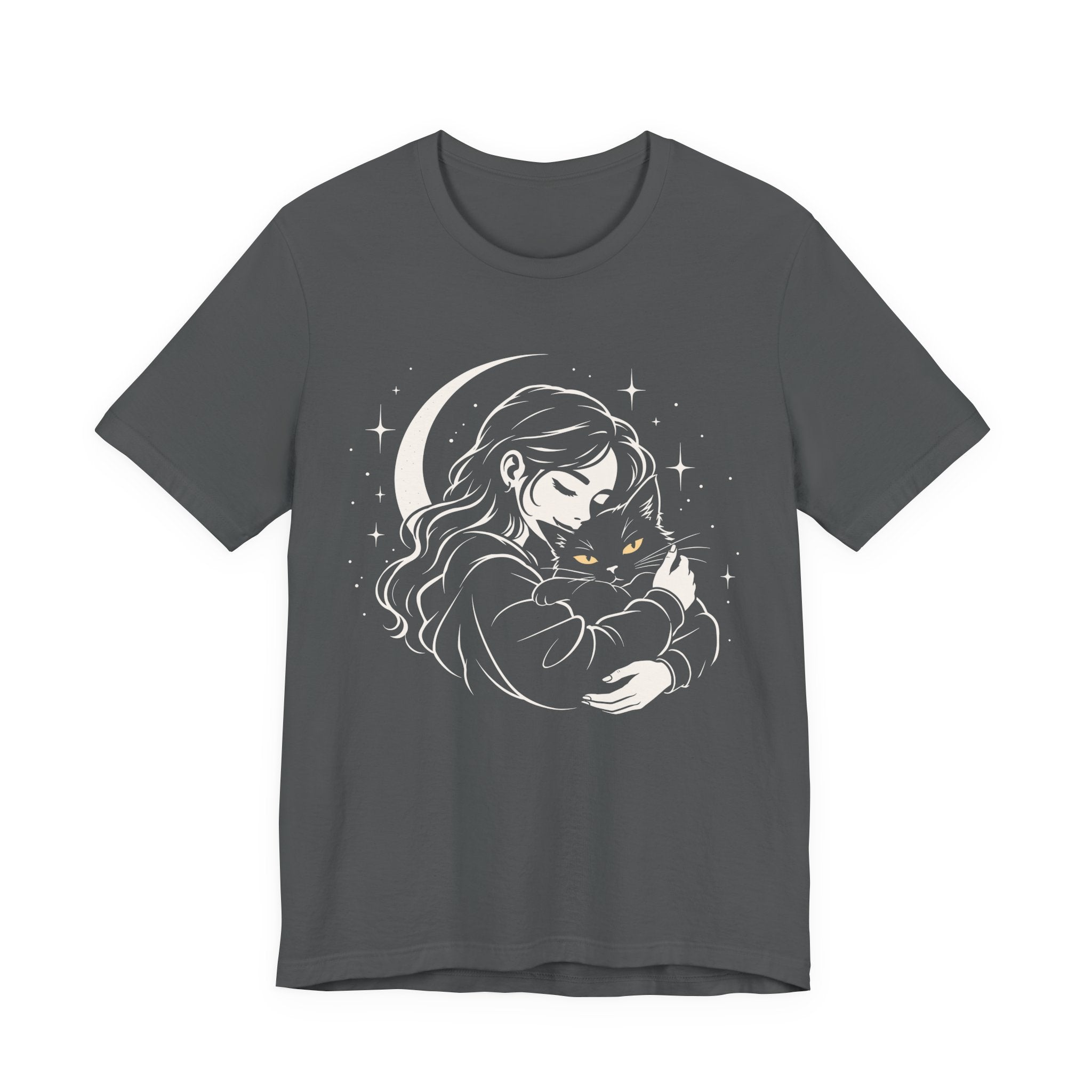 Grey tee with Woman embracing a fluffy cat beneath a crescent moon and stars, drawn in cream lines with golden cat eyes
