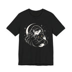 Black T-shirt with Woman embracing a fluffy cat beneath a crescent moon and stars, drawn in cream lines with golden cat eyes