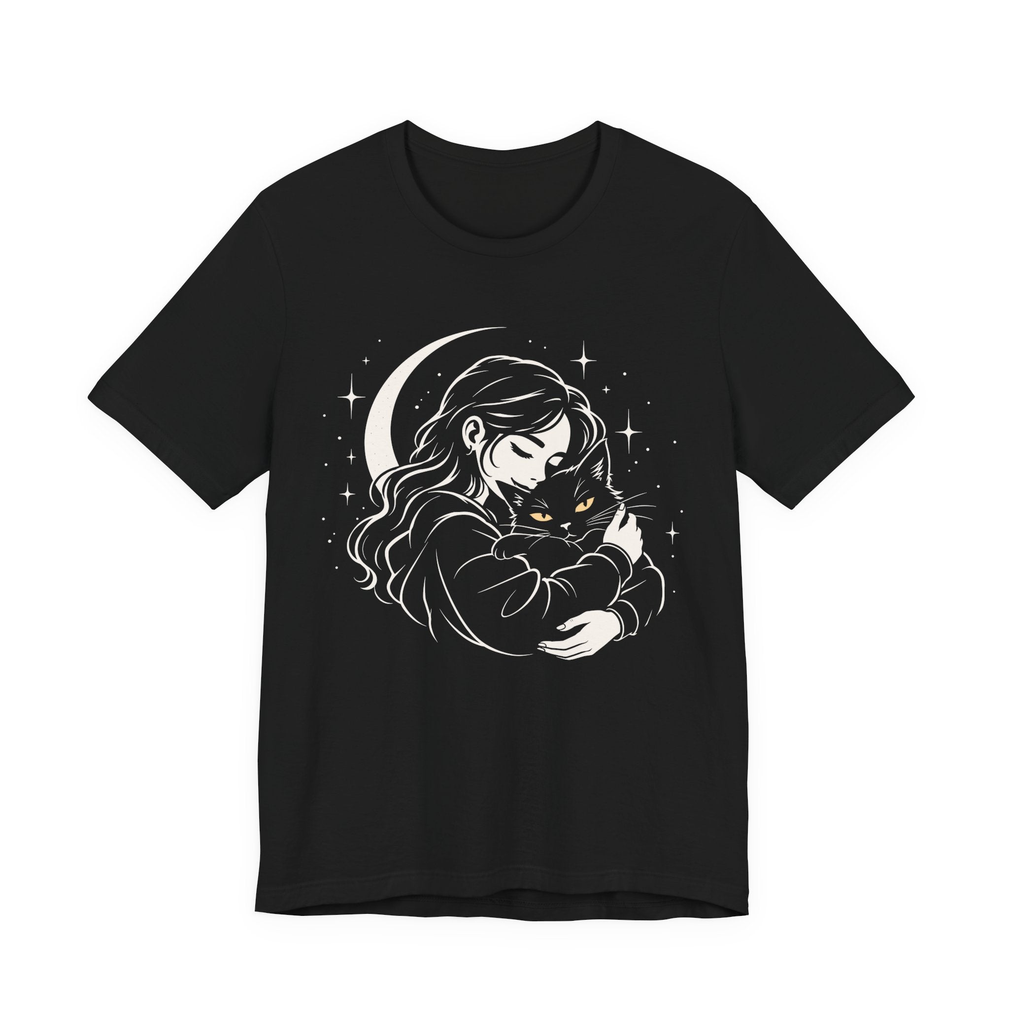 Black T-shirt with Woman embracing a fluffy cat beneath a crescent moon and stars, drawn in cream lines with golden cat eyes