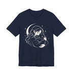 Navy tee with Woman embracing a fluffy cat beneath a crescent moon and stars, drawn in cream lines with golden cat eyes