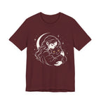 Red t-shirt with Woman embracing a fluffy cat beneath a crescent moon and stars, drawn in cream lines with golden cat eyes