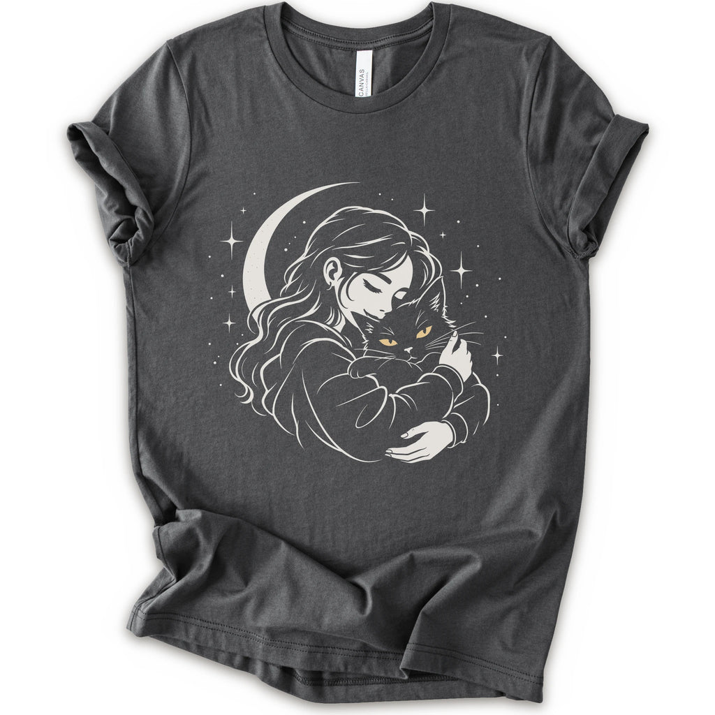 Asphalt graphic t-shirt with a woman hugging a fluffy cat beneath a crescent moon and stars, drawn in cream lines with golden cat eyes
