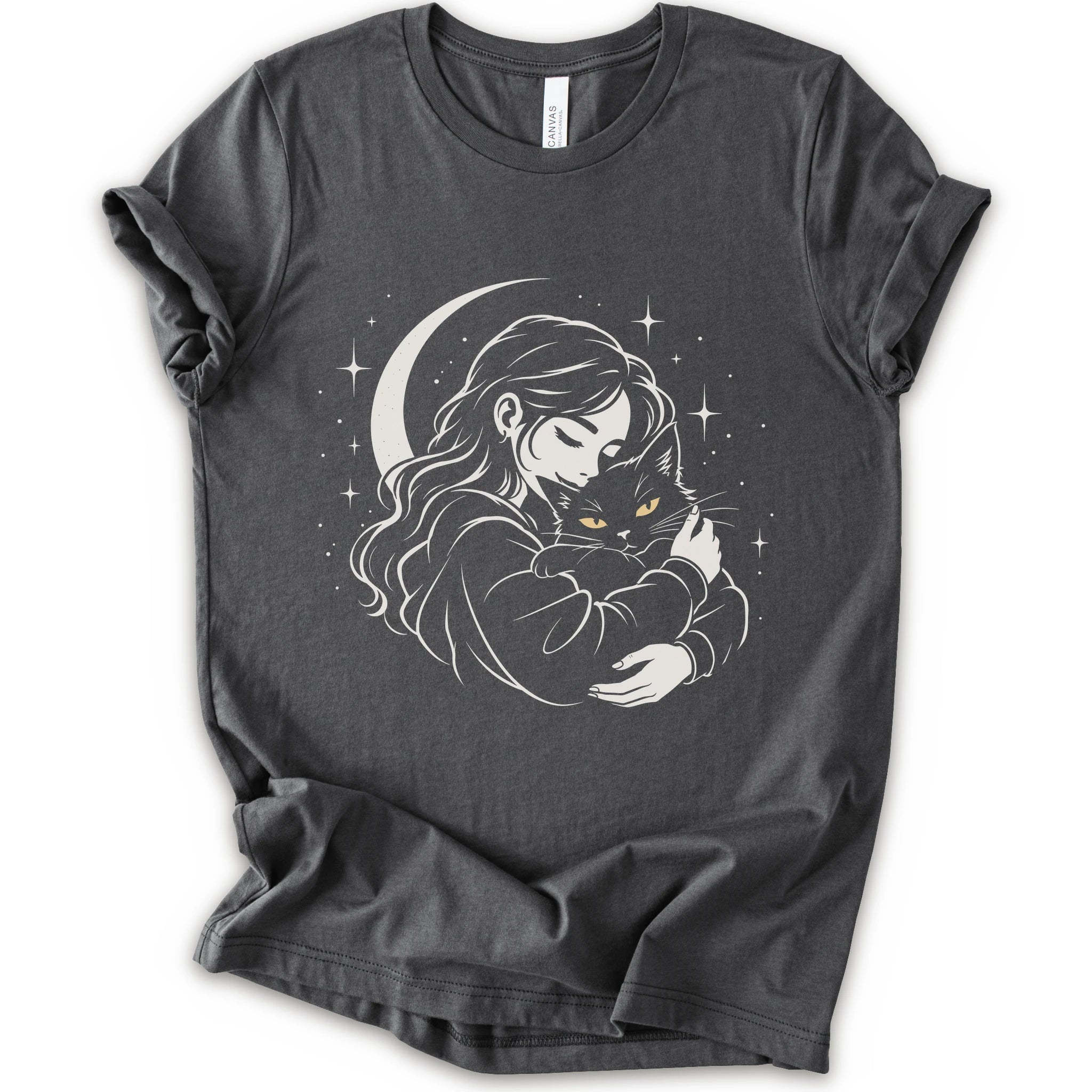Asphalt graphic t-shirt with a woman hugging a fluffy cat beneath a crescent moon and stars, drawn in cream lines with golden cat eyes