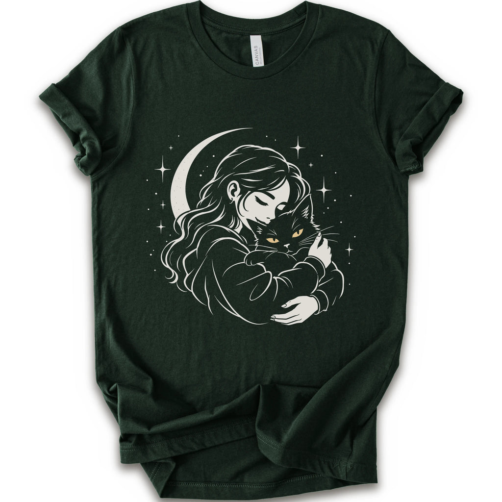 Forest graphic t-shirt with a woman hugging a fluffy cat beneath a crescent moon and stars, drawn in cream lines with golden cat eyes