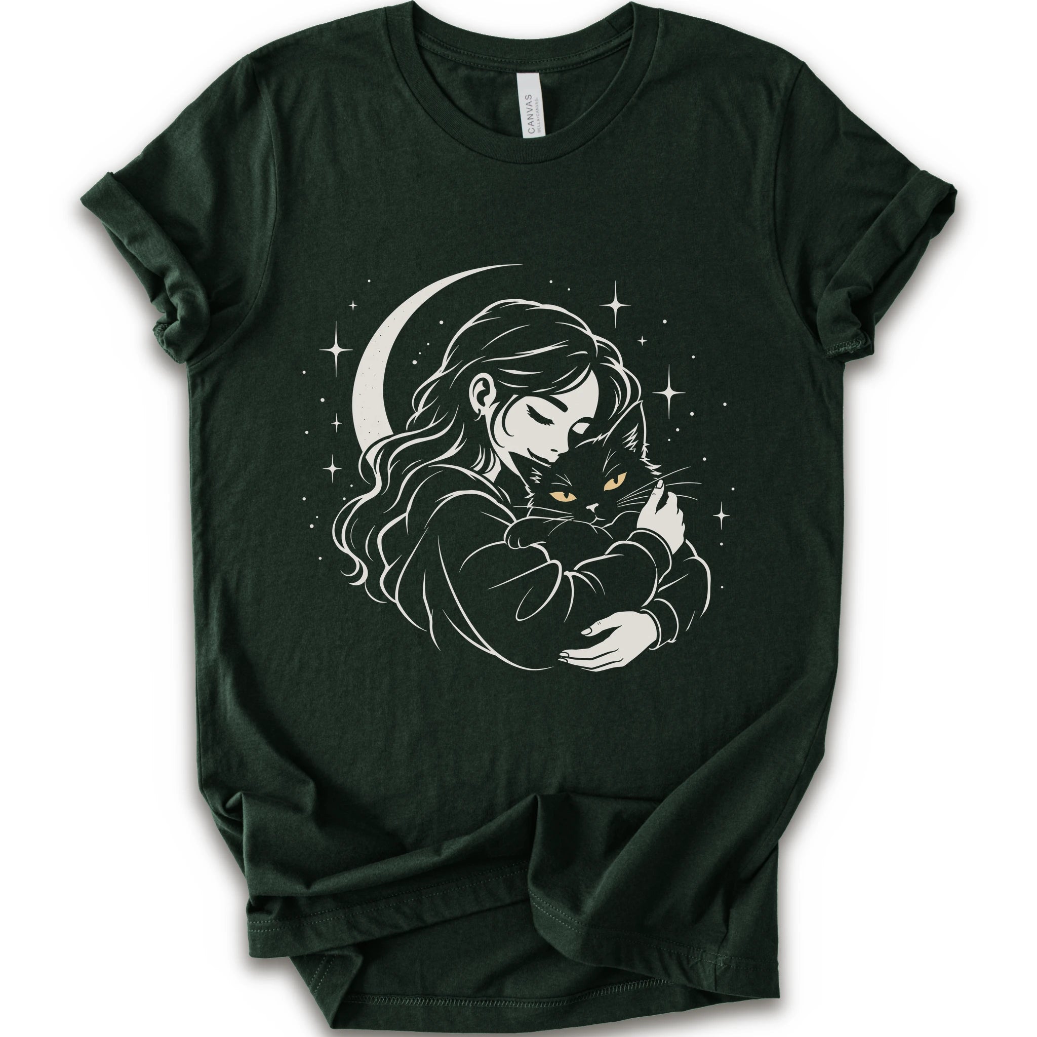 Forest graphic t-shirt with a woman hugging a fluffy cat beneath a crescent moon and stars, drawn in cream lines with golden cat eyes