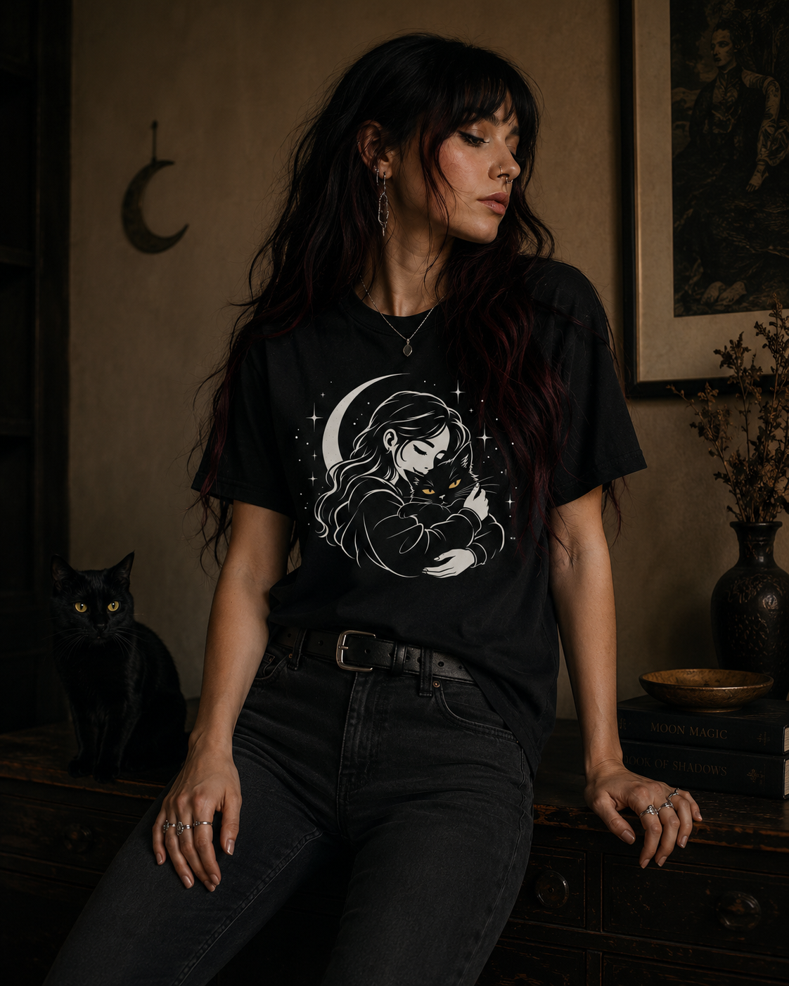 A woman wearing a black graphic t-shirt with a white line art design of a woman and a black cat under a crescent moon, posed in a dark, moody room with a black cat on a table.