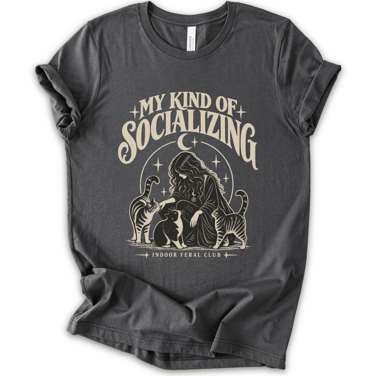 An asphalt short-sleeve t-shirt with a cream-colored graphic print on the front. The graphic features the text 'MY KIND OF SOCIALIZING' in a stylized font above an illustration of a woman surrounded by cats under a crescent moon, with 'INDOOR FERAL CLUB' printed below.