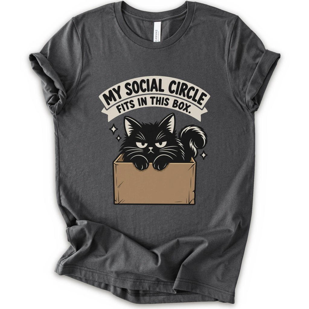 An asphalt short-sleeve crewneck t-shirt with a graphic print of a black cat in a cardboard box and the text 'MY SOCIAL CIRCLE FITS IN THIS BOX."