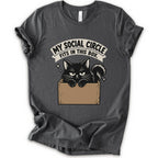 An asphalt short-sleeve crewneck t-shirt with a graphic print of a black cat in a cardboard box and the text 'MY SOCIAL CIRCLE FITS IN THIS BOX."