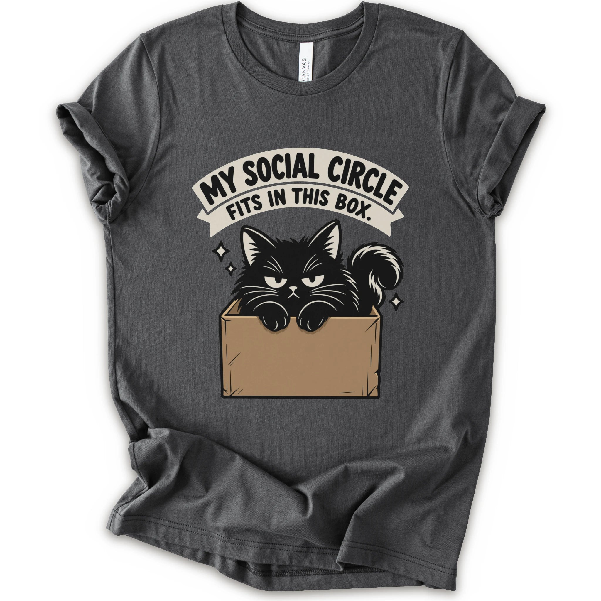 An asphalt short-sleeve crewneck t-shirt with a graphic print of a black cat in a cardboard box and the text 'MY SOCIAL CIRCLE FITS IN THIS BOX."