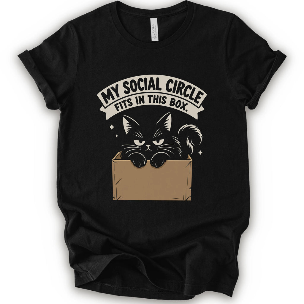 A black short-sleeve crewneck t-shirt with a graphic print of a black cat in a cardboard box and the text 'MY SOCIAL CIRCLE FITS IN THIS BOX."