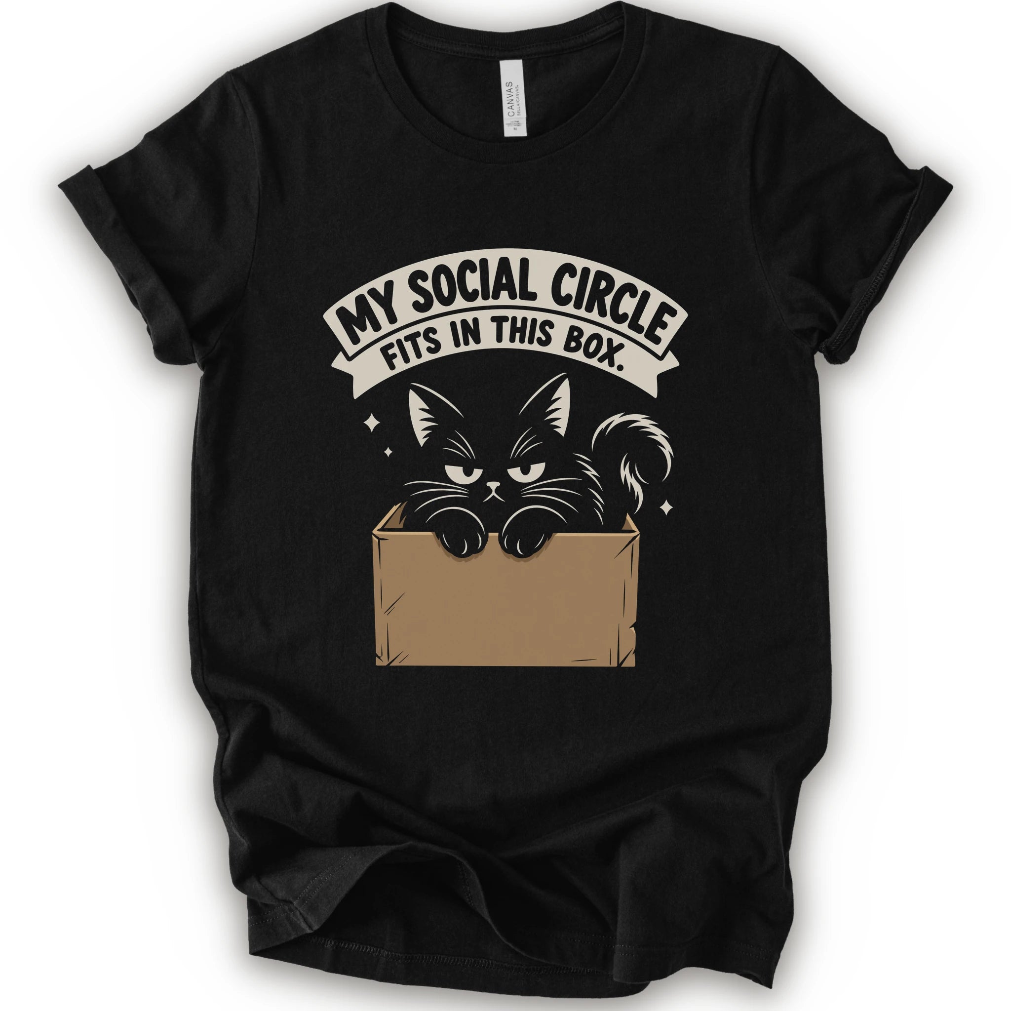 A black short-sleeve crewneck t-shirt with a graphic print of a black cat in a cardboard box and the text 'MY SOCIAL CIRCLE FITS IN THIS BOX."