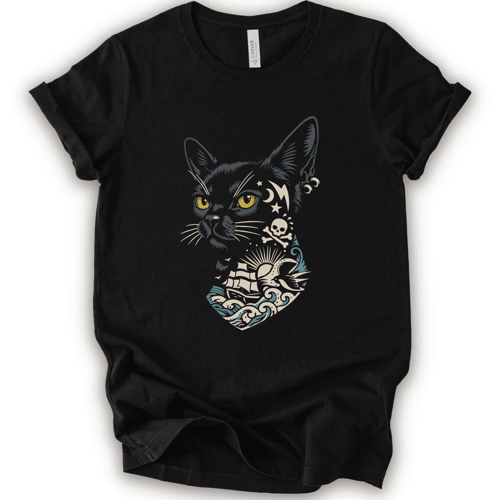 A black short-sleeve crewneck t-shirt featuring a graphic print of a black cat with yellow eyes and a detailed tattoo design on its neck, displayed against a plain white background.
