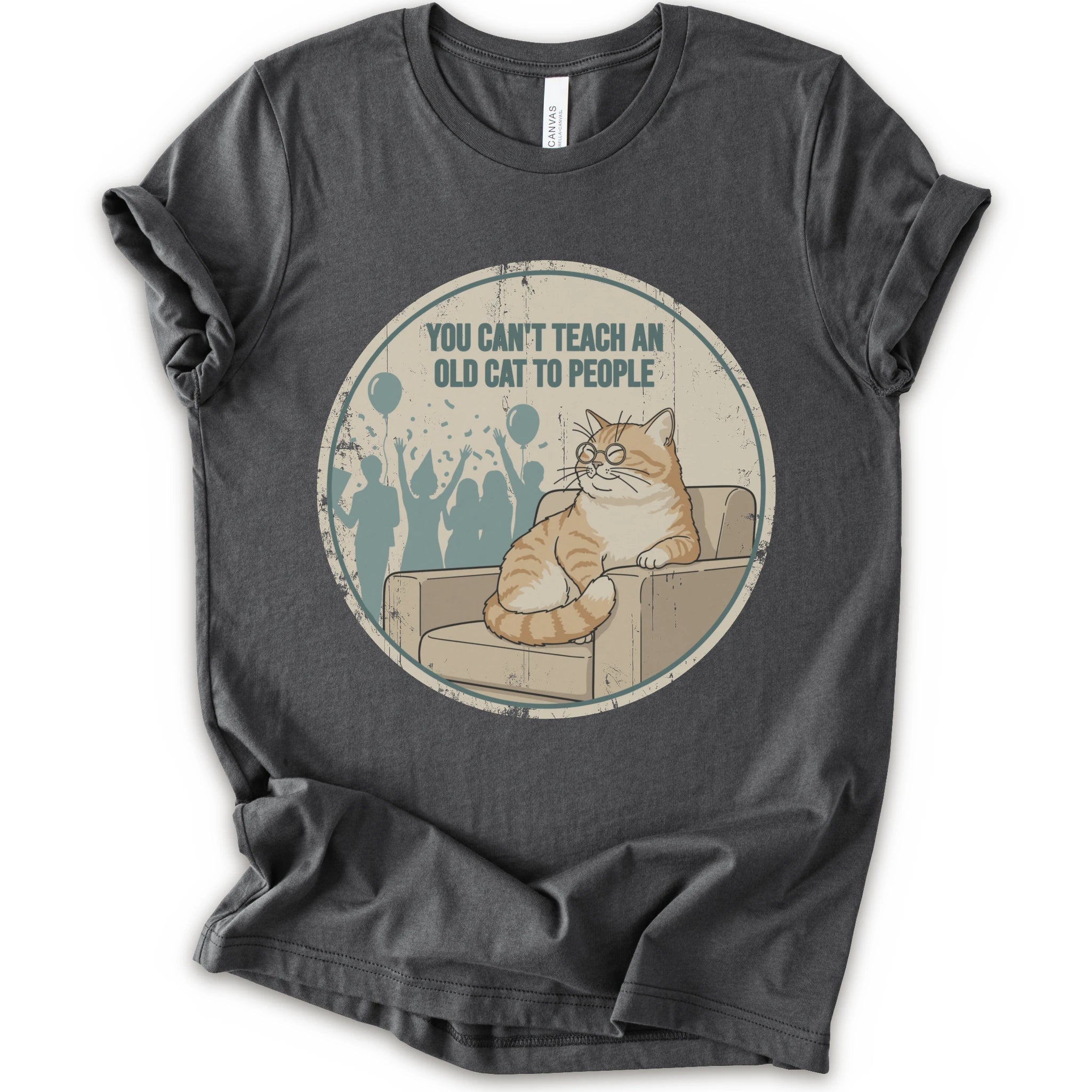 A asphalt short-sleeve crewneck t-shirt with a circular graphic print on the front. The graphic features an orange tabby cat sitting on a beige armchair inside a distressed circle, with the text 'YOU CAN'T TEACH AN OLD CAT TO PEOPLE' above it and blue silhouettes of people in the background.
