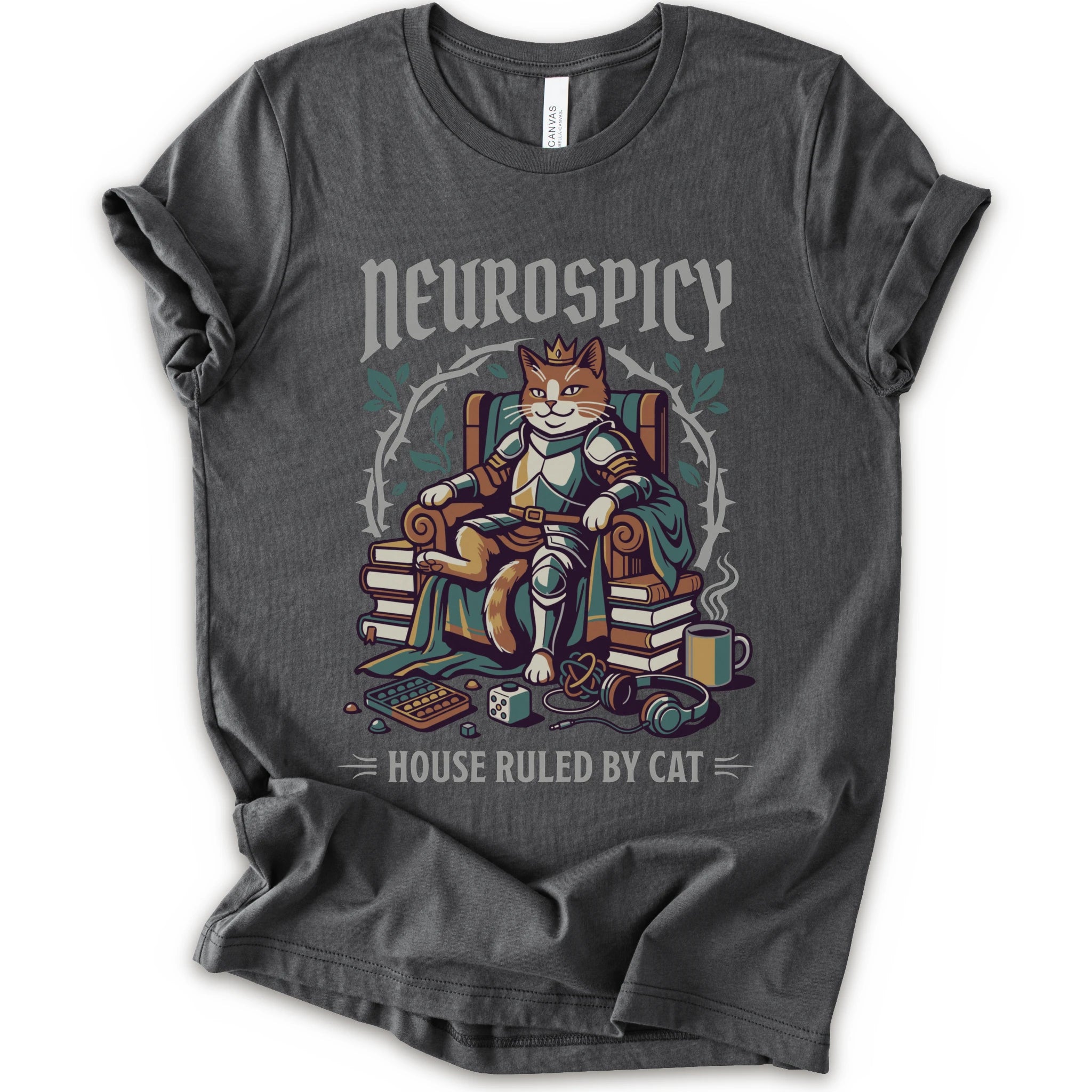 A asphalt short-sleeve crewneck t-shirt featuring a graphic of a cat dressed in medieval armor sitting on a throne, surrounded by books, with the text 'Neurospicy' above and 'House Ruled By Cat' below.