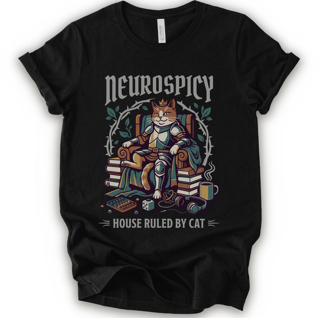 A black short-sleeve crewneck t-shirt featuring a graphic of a cat dressed in medieval armor sitting on a throne, surrounded by books, with the text 'Neurospicy' above and 'House Ruled By Cat' below.