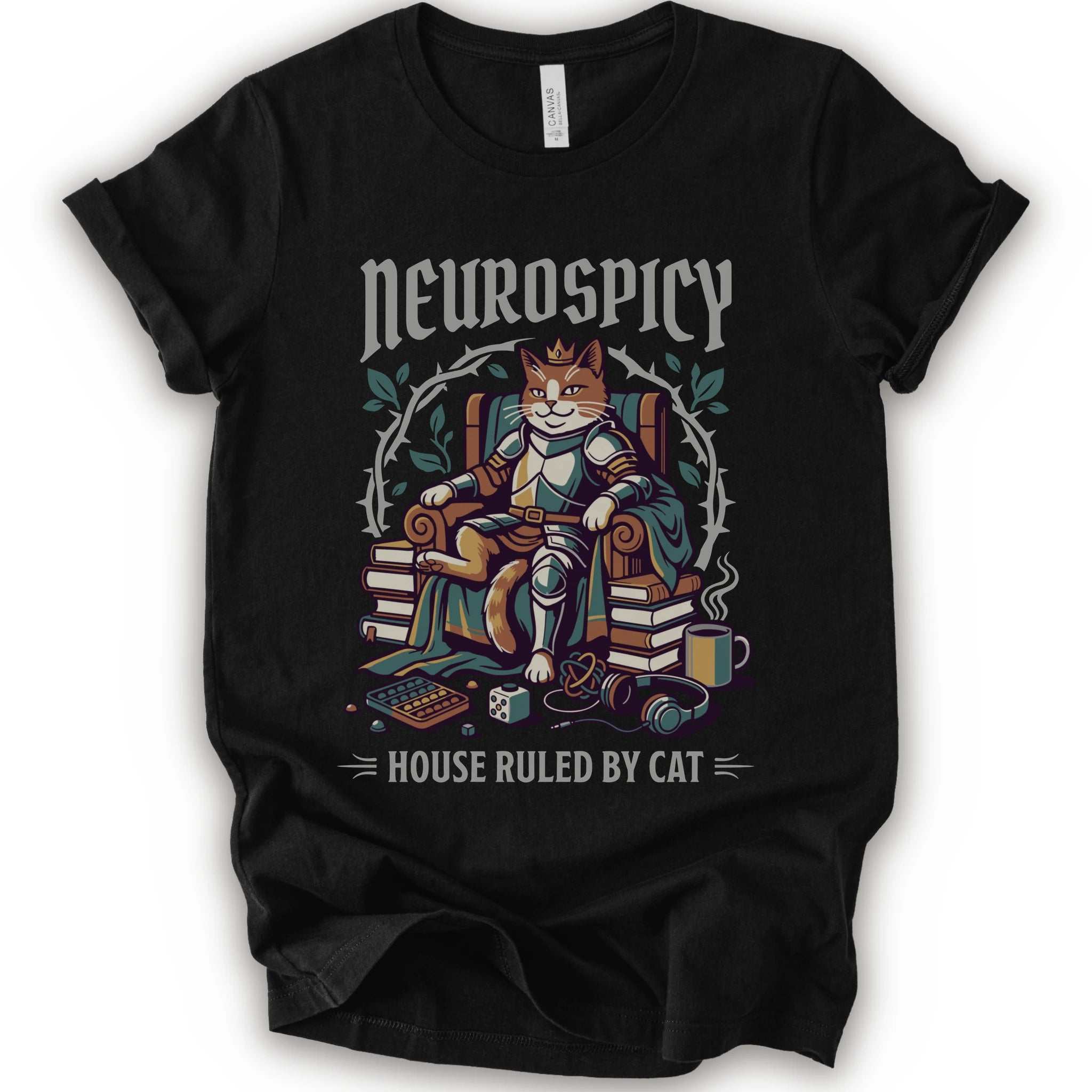 A black short-sleeve crewneck t-shirt featuring a graphic of a cat dressed in medieval armor sitting on a throne, surrounded by books, with the text 'Neurospicy' above and 'House Ruled By Cat' below.