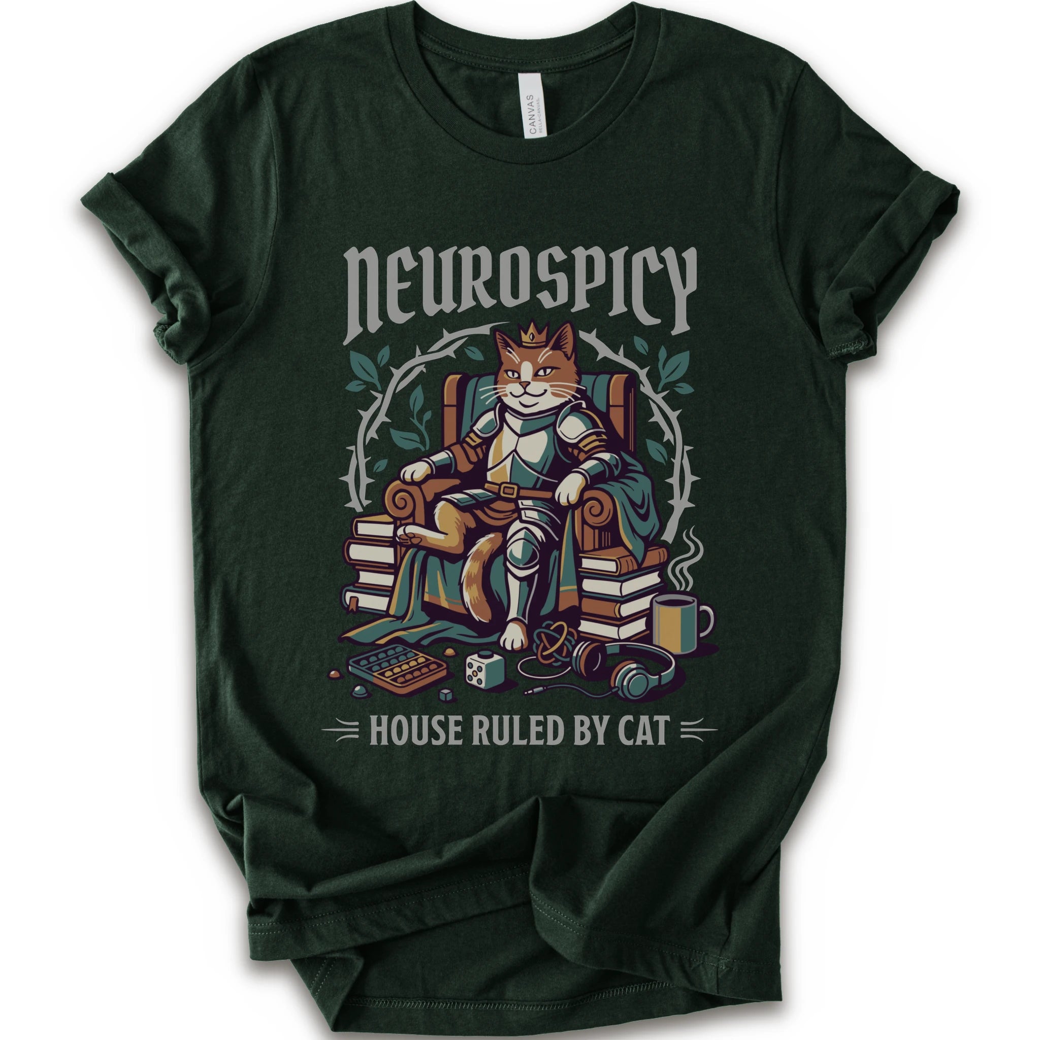A forest short-sleeve crewneck t-shirt featuring a graphic of a cat dressed in medieval armor sitting on a throne, surrounded by books, with the text 'Neurospicy' above and 'House Ruled By Cat' below.