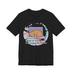 Black tee with Sleeping orange tabby curled on a laptop with the text “None of Your Emails Are Finding Me Offline”
