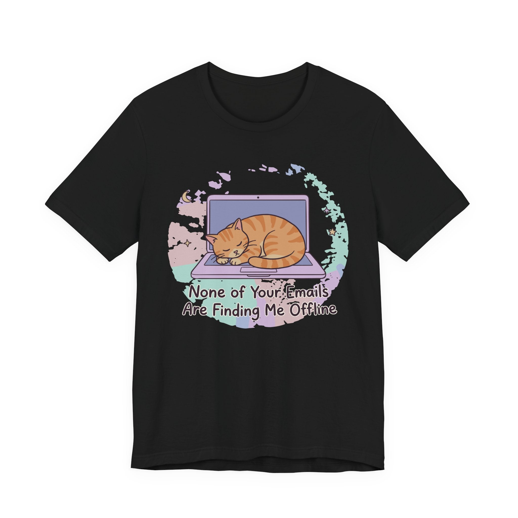 Black tee with Sleeping orange tabby curled on a laptop with the text “None of Your Emails Are Finding Me Offline”