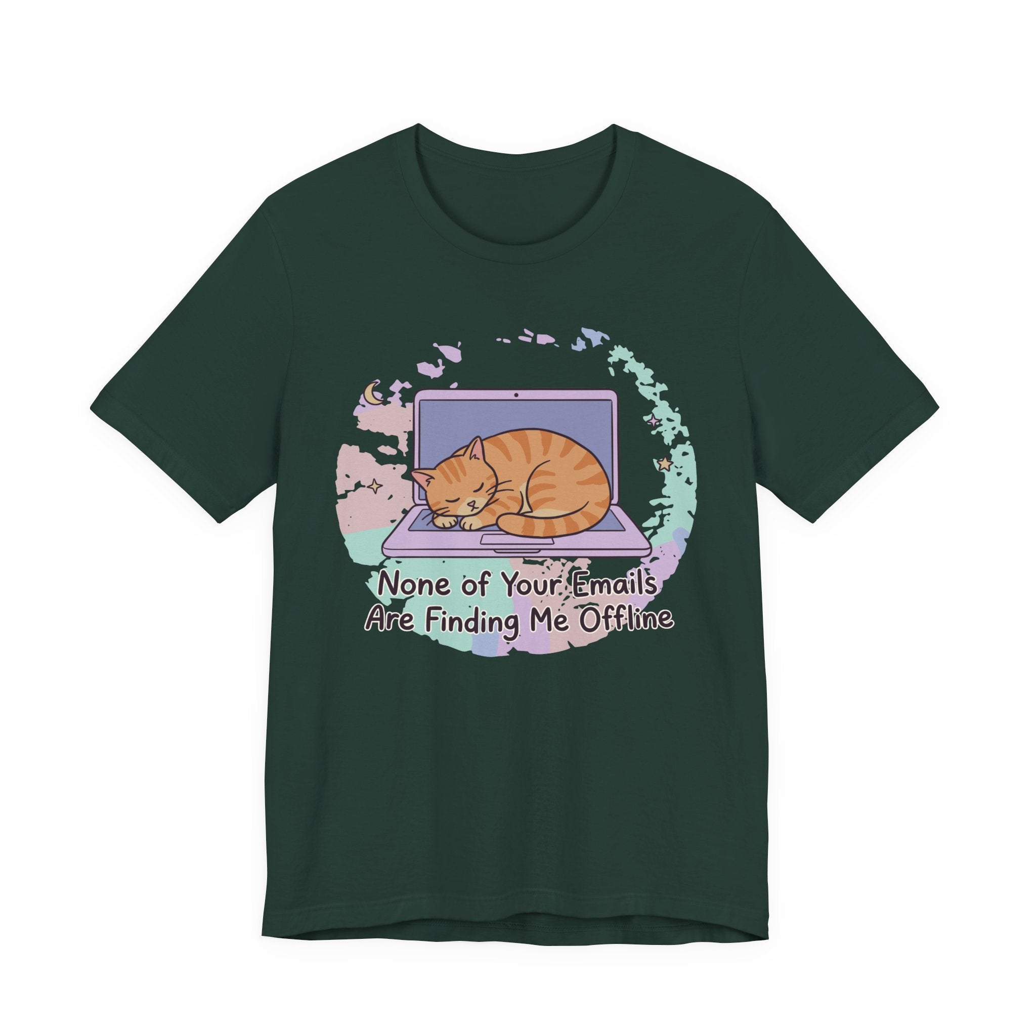Green Tee with Sleeping orange tabby curled on a laptop with the text “None of Your Emails Are Finding Me Offline”
