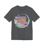 Grey tee with Sleeping orange tabby curled on a laptop with the text “None of Your Emails Are Finding Me Offline”
