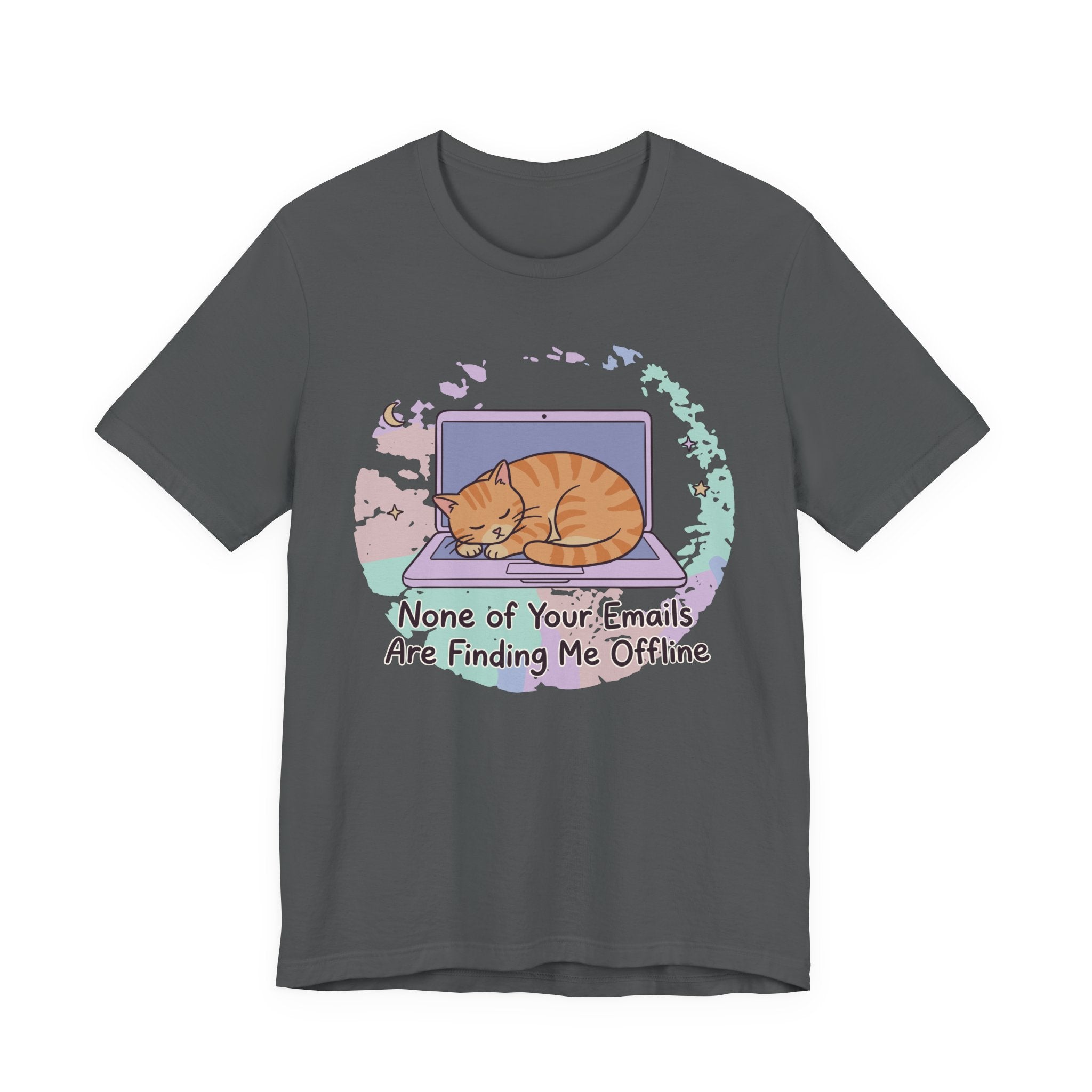 Grey tee with Sleeping orange tabby curled on a laptop with the text “None of Your Emails Are Finding Me Offline”