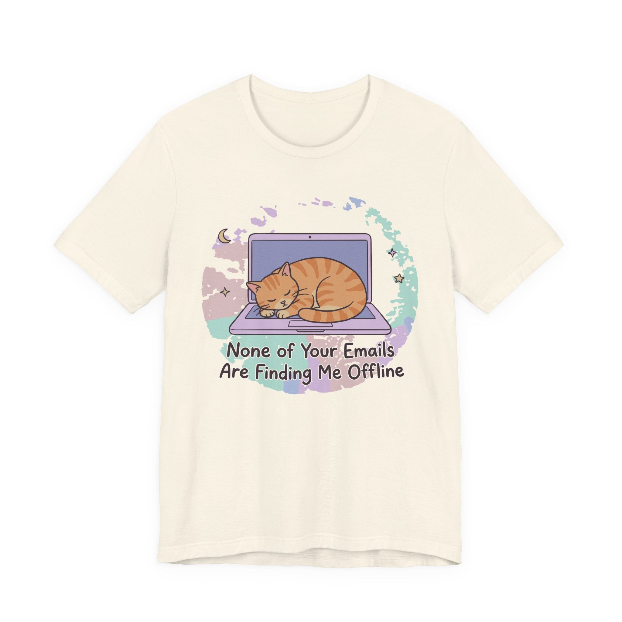 Cream Tee with Sleeping orange tabby curled on a laptop with the text “None of Your Emails Are Finding Me Offline”