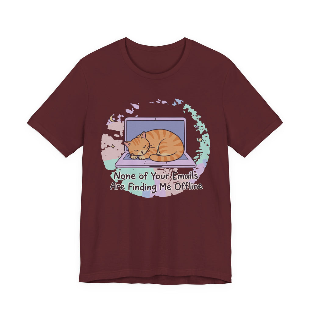 Red Tee with Sleeping orange tabby curled on a laptop with the text “None of Your Emails Are Finding Me Offline”