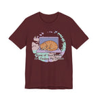 Red Tee with Sleeping orange tabby curled on a laptop with the text “None of Your Emails Are Finding Me Offline”