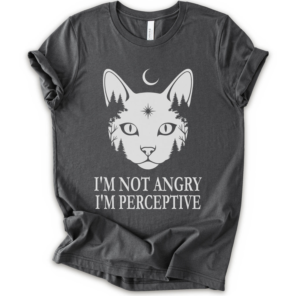 A asphalt short-sleeve crewneck t-shirt with a white graphic of a cat's face containing pine trees and a crescent moon, with the text 'I'M NOT ANGRY I'M PERCEPTIVE' printed below.