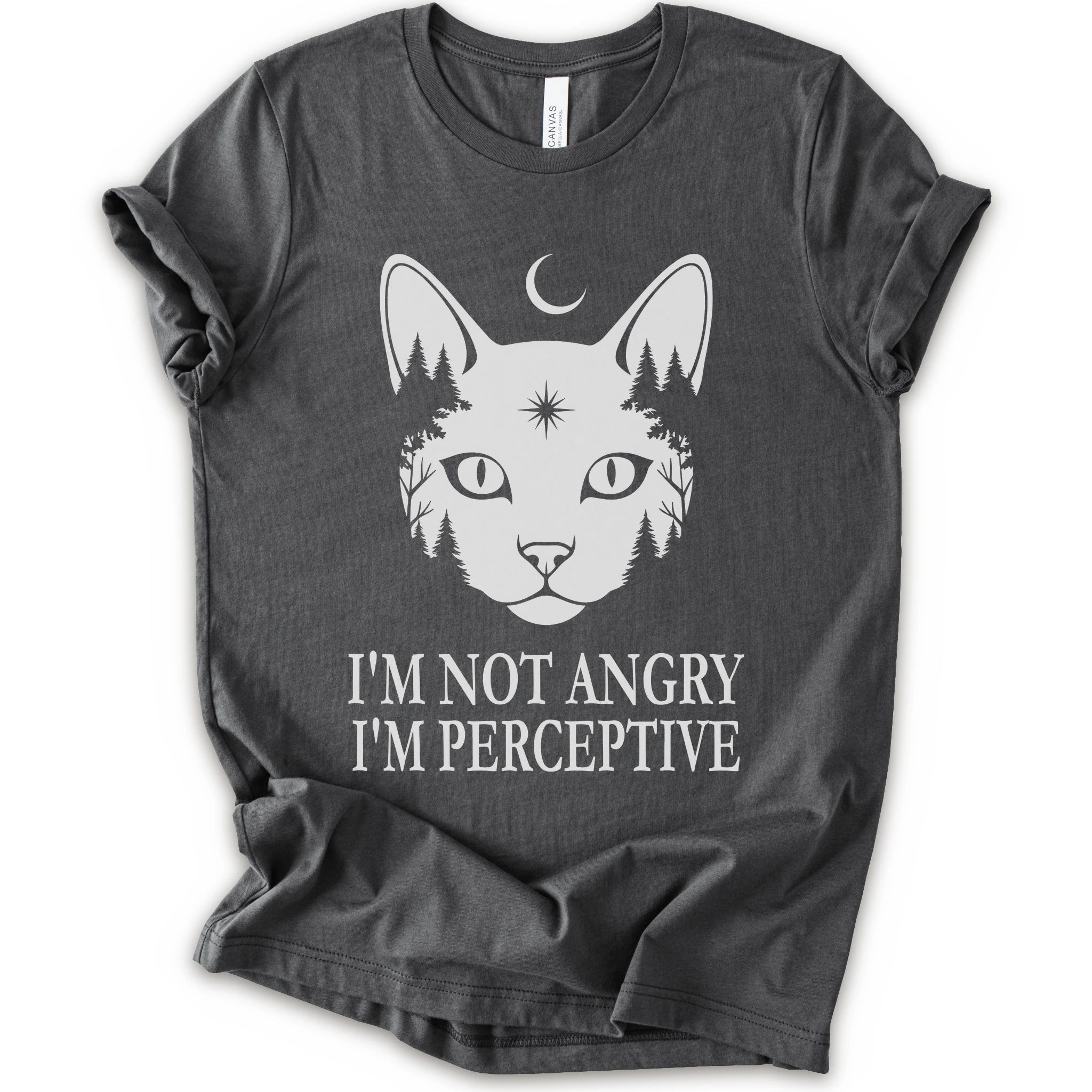 A asphalt short-sleeve crewneck t-shirt with a white graphic of a cat's face containing pine trees and a crescent moon, with the text 'I'M NOT ANGRY I'M PERCEPTIVE' printed below.