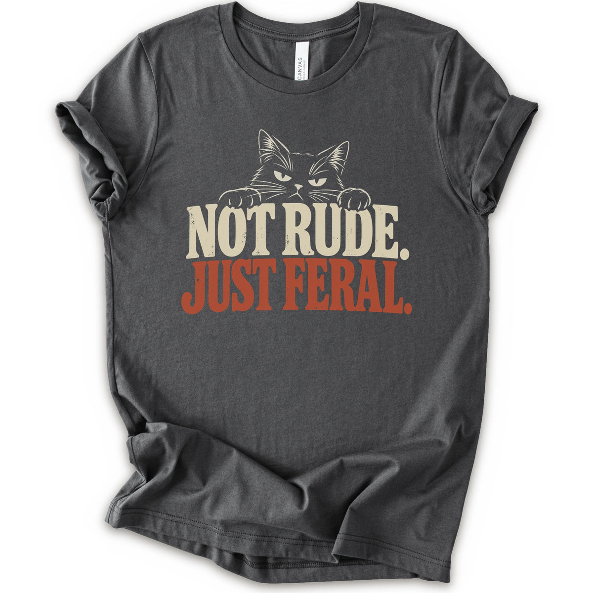 An asphalt short-sleeve t-shirt with a graphic print of a cat with narrowed eyes and visible paws peers over the words “NOT RUDE.” above a large rust-colored “JUST FERAL.” The design uses bold distressed serif lettering in cream and rust with a retro graphic look.