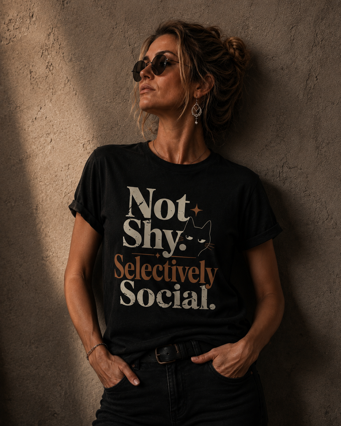 A woman wearing a black graphic t-shirt with the text 'Not Shy. Selectively Social.