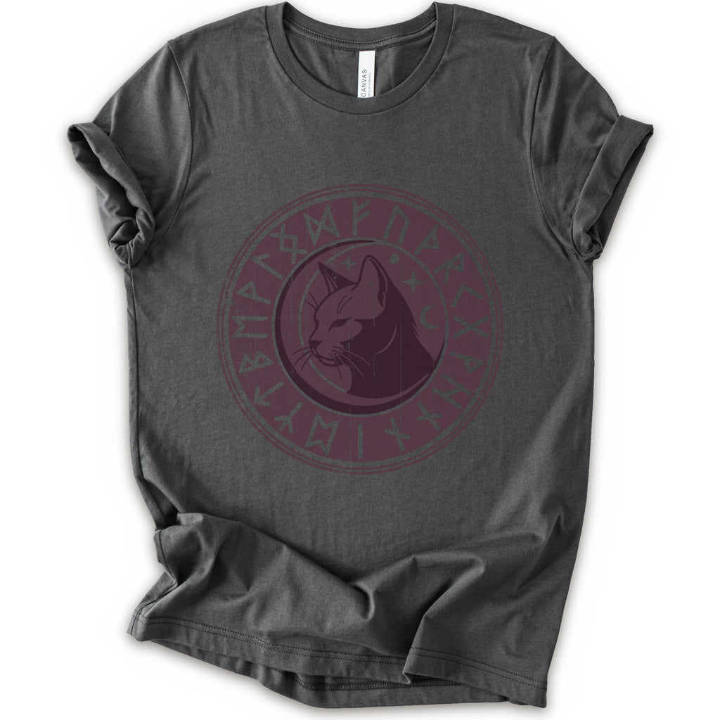 A asphalt short-sleeve crewneck t-shirt with a circular dark purple graphic on the chest featuring a cat's face surrounded by runic symbols.