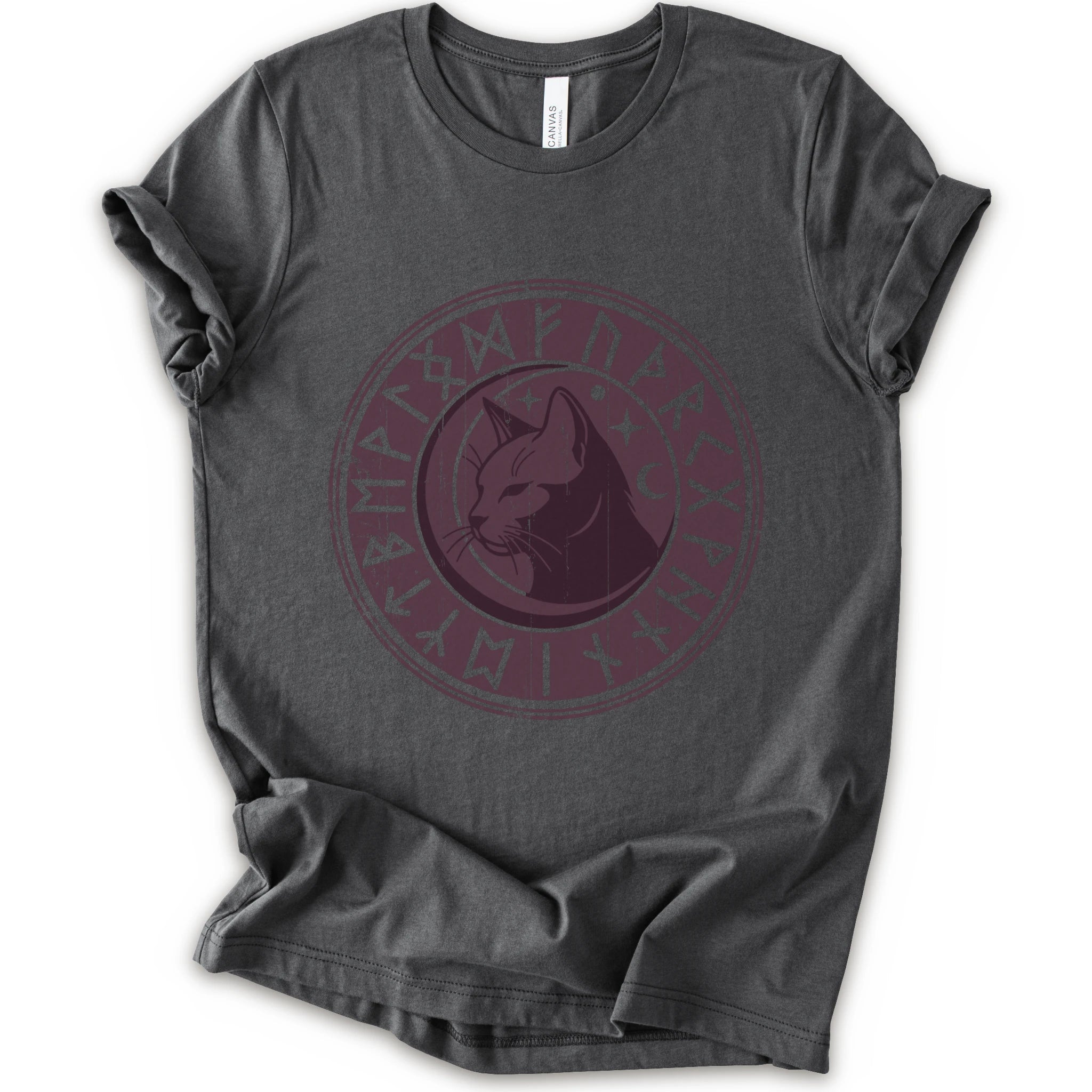 A asphalt short-sleeve crewneck t-shirt with a circular dark purple graphic on the chest featuring a cat's face surrounded by runic symbols.