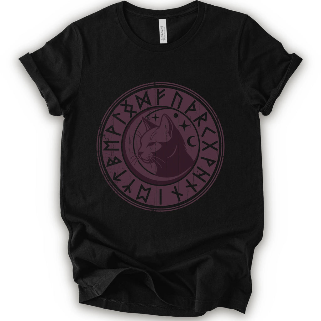 A black short-sleeve crewneck t-shirt with a circular dark purple graphic on the chest featuring a cat's face surrounded by runic symbols.