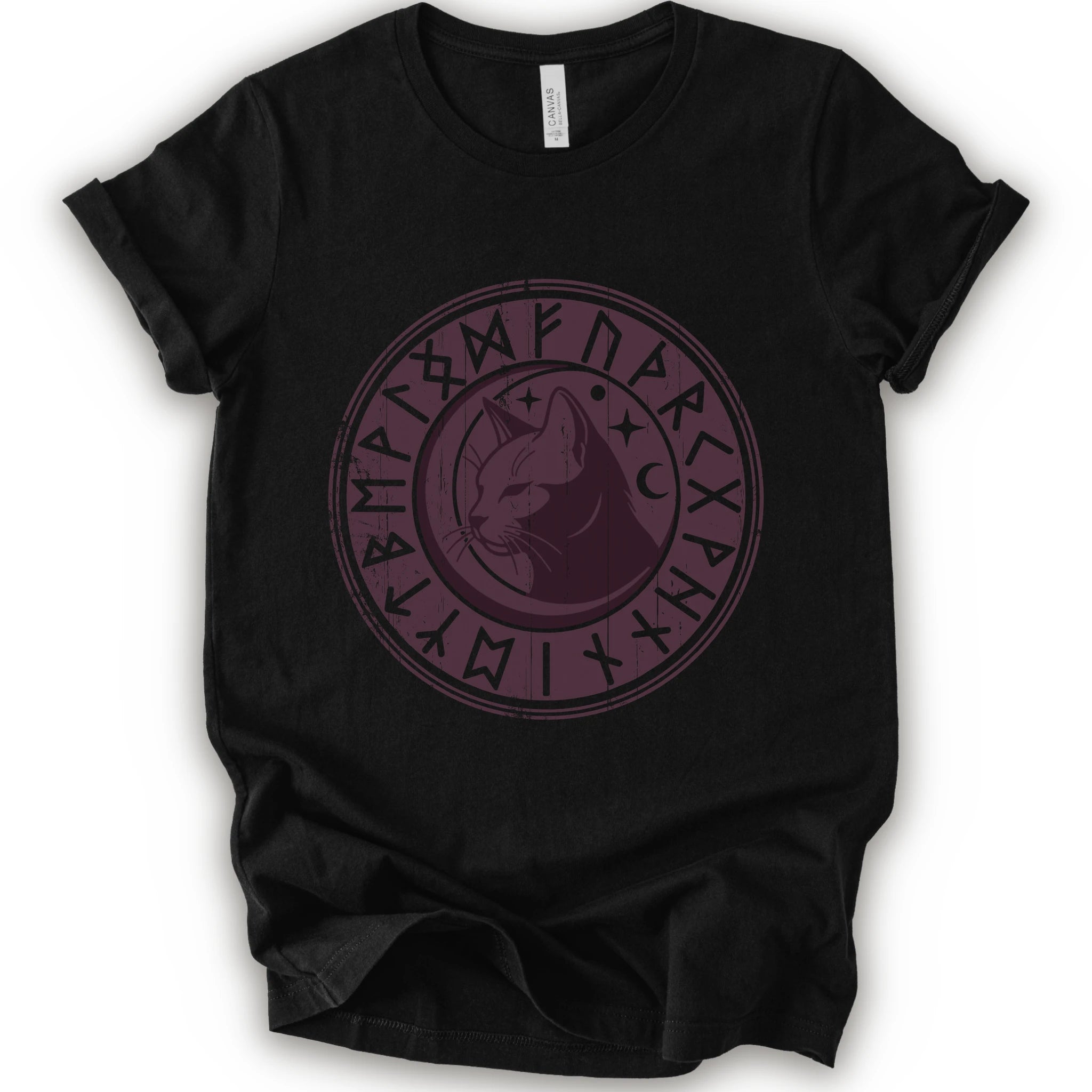 A black short-sleeve crewneck t-shirt with a circular dark purple graphic on the chest featuring a cat's face surrounded by runic symbols.